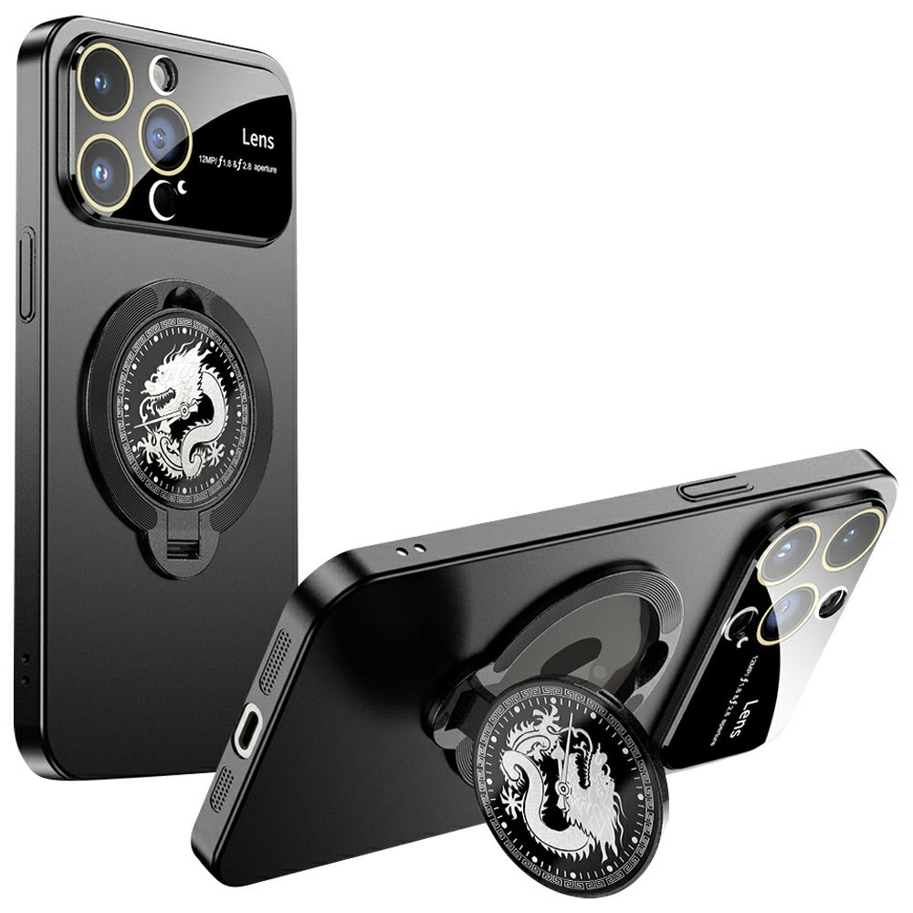 For iPhone 15 Pro Max Case Compatible with MagSafe Loong Pattern Kickstand Rubberized PC Cover - Black