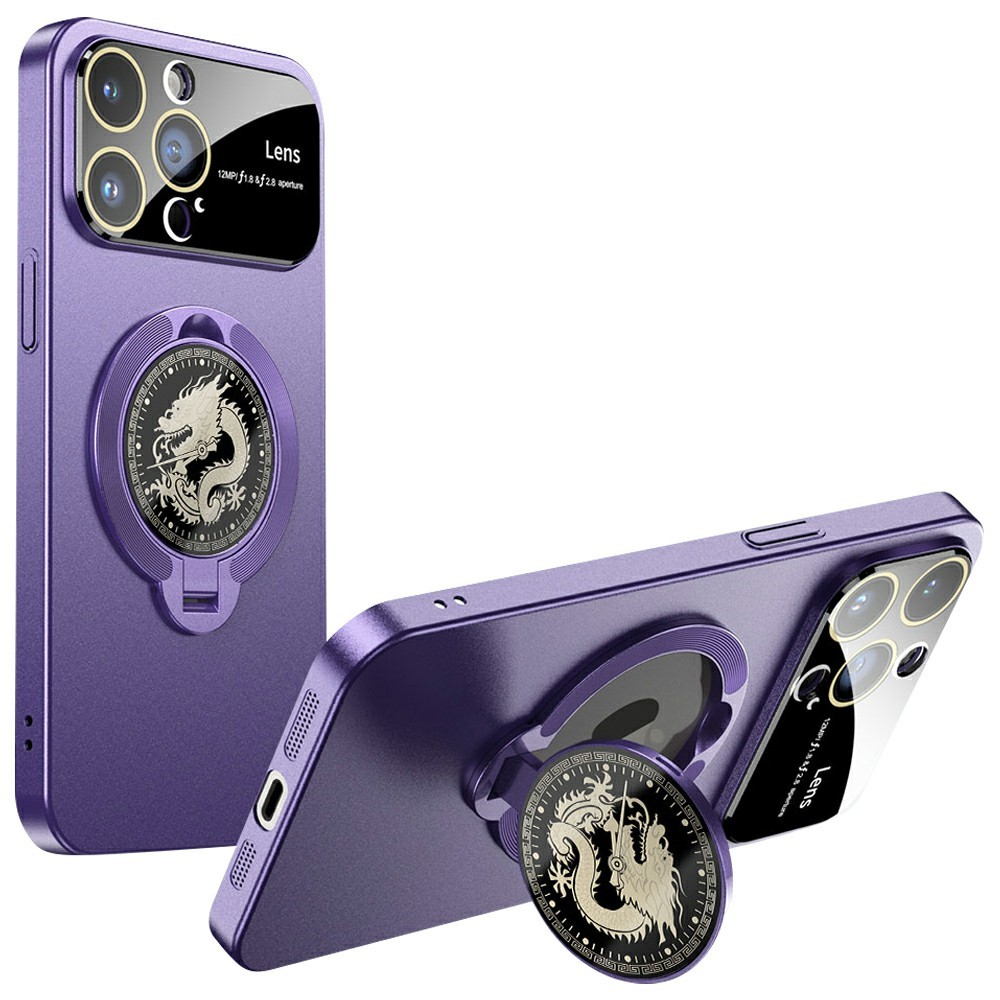 For iPhone 15 Pro Max Case Compatible with MagSafe Loong Pattern Kickstand Rubberized PC Cover - Dark Purple