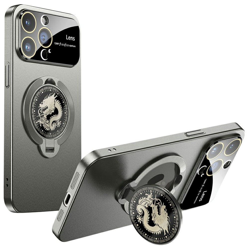 For iPhone 15 Pro Max Case Compatible with MagSafe Loong Pattern Kickstand Rubberized PC Cover - Titanium Grey