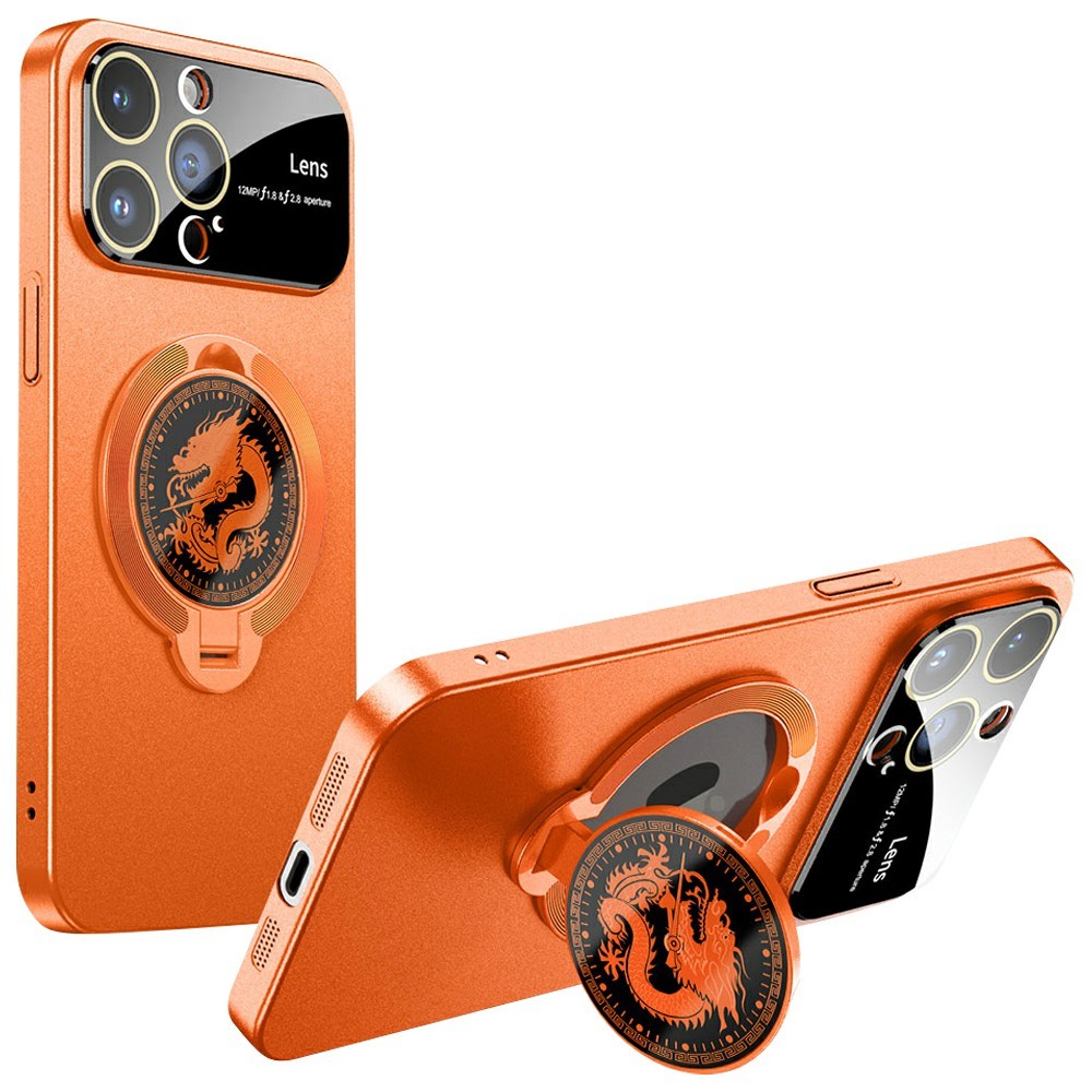 For iPhone 15 Pro Max Case Compatible with MagSafe Loong Pattern Kickstand Rubberized PC Cover - Orange