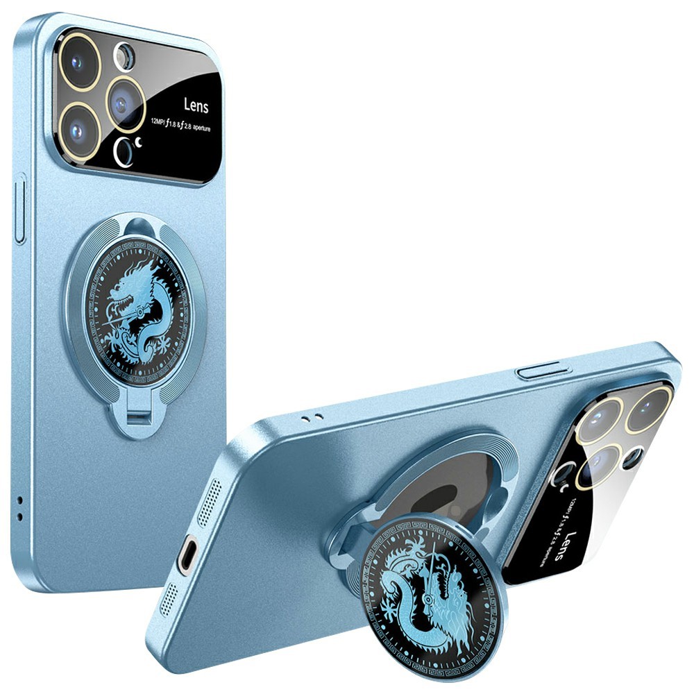 For iPhone 15 Pro Max Case Compatible with MagSafe Loong Pattern Kickstand Rubberized PC Cover - Blue