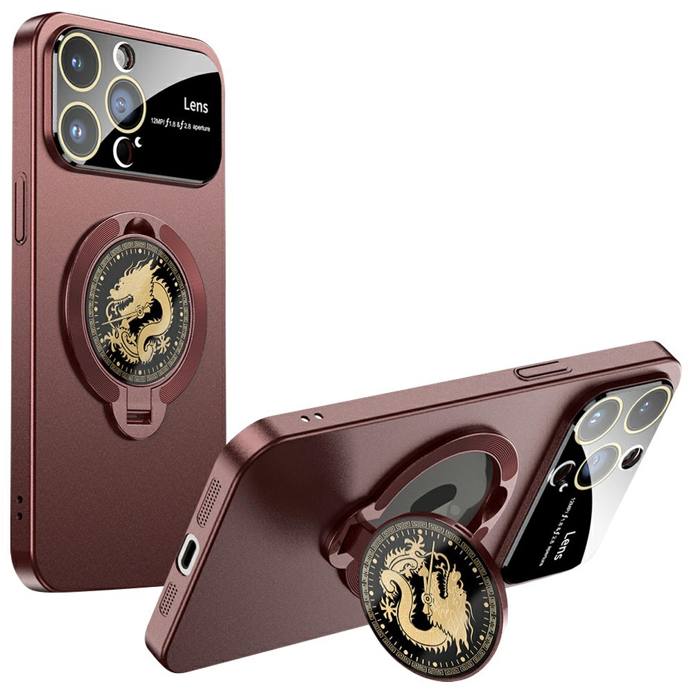 For iPhone 15 Pro Max Case Compatible with MagSafe Loong Pattern Kickstand Rubberized PC Cover - Red