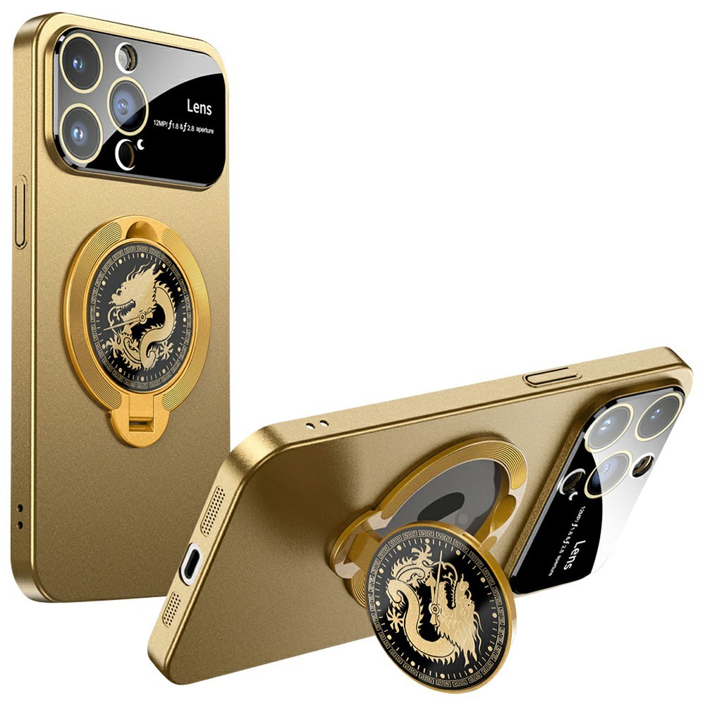 For iPhone 15 Pro Max Case Compatible with MagSafe Loong Pattern Kickstand Rubberized PC Cover - Khaki