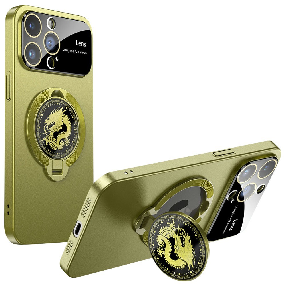 For iPhone 15 Pro Max Case Compatible with MagSafe Loong Pattern Kickstand Rubberized PC Cover - Green