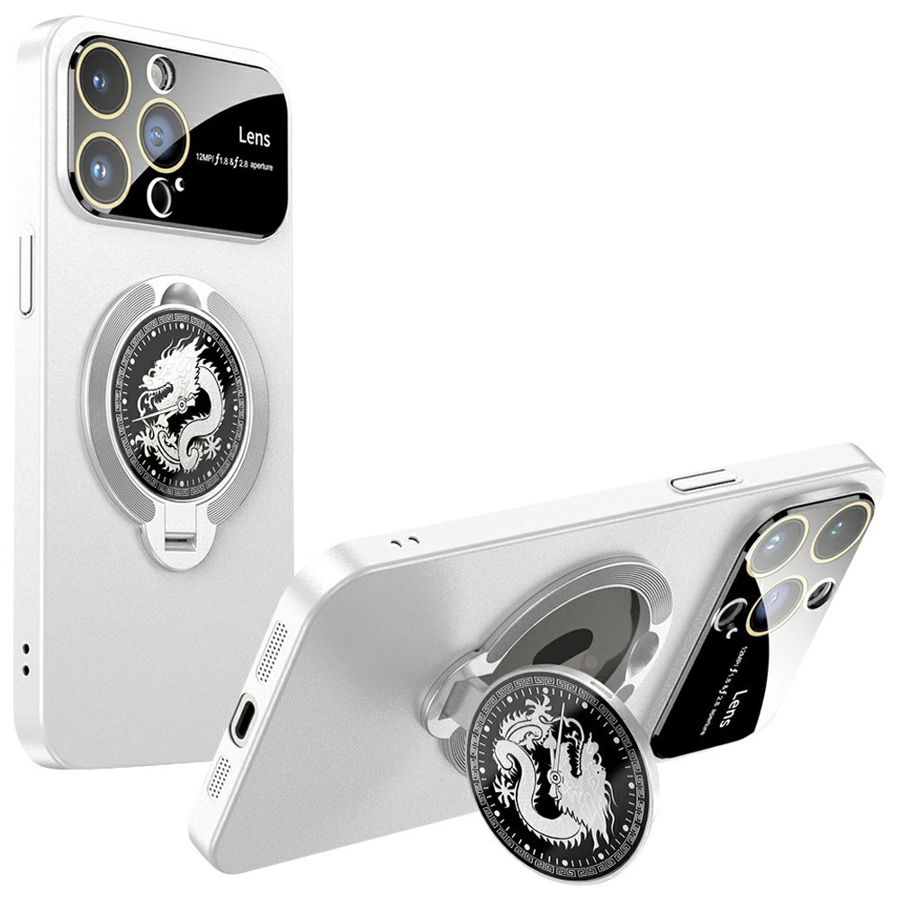 For iPhone 15 Pro Max Case Compatible with MagSafe Loong Pattern Kickstand Rubberized PC Cover - White