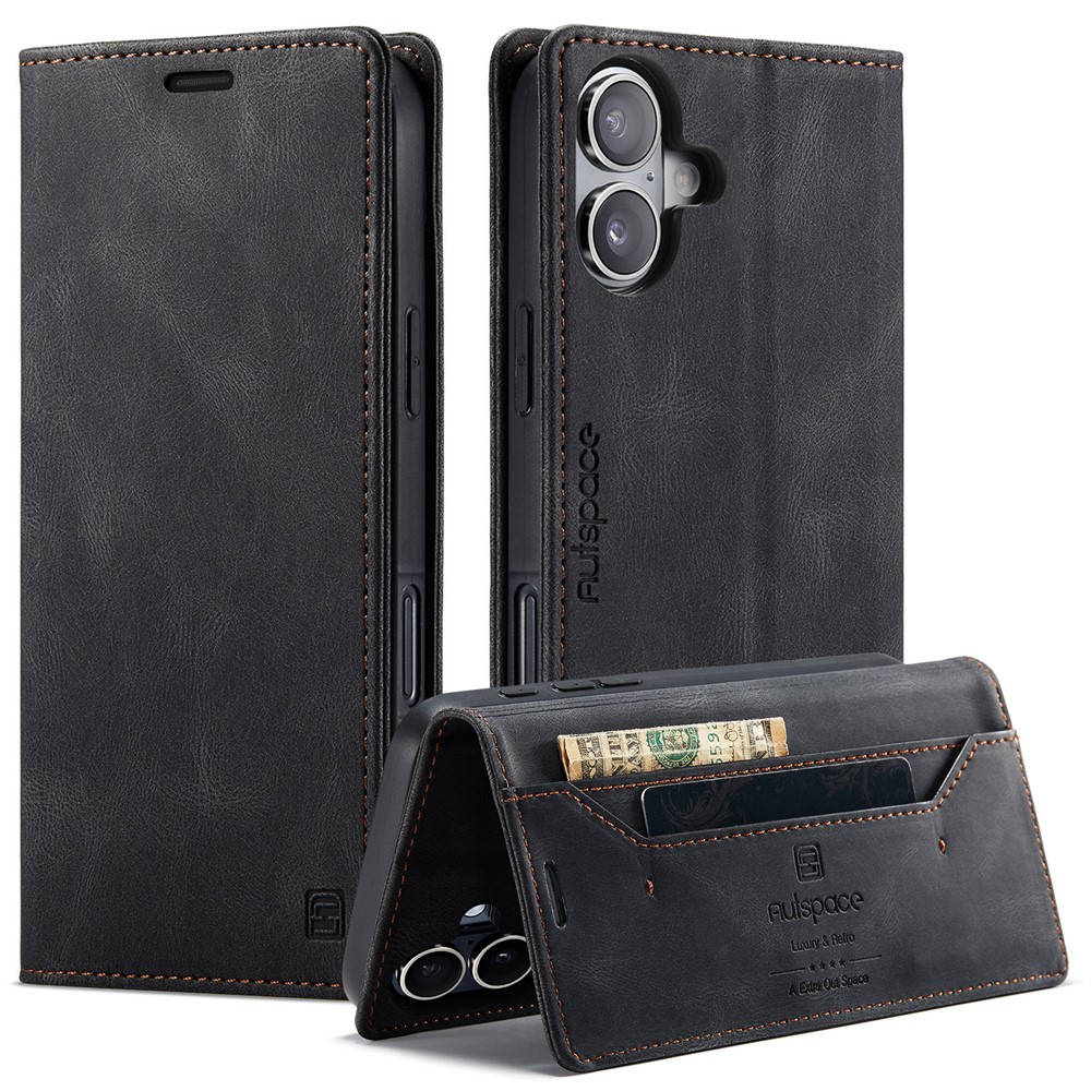 For iPhone 16 Plus Wallet Case AUTSPACE A01 Leather Stand Cover with RFID Blocking Card Holder - Black