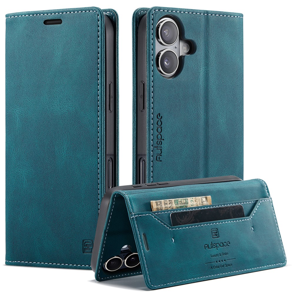 For iPhone 16 Plus Wallet Case AUTSPACE A01 Leather Stand Cover with RFID Blocking Card Holder - Blue