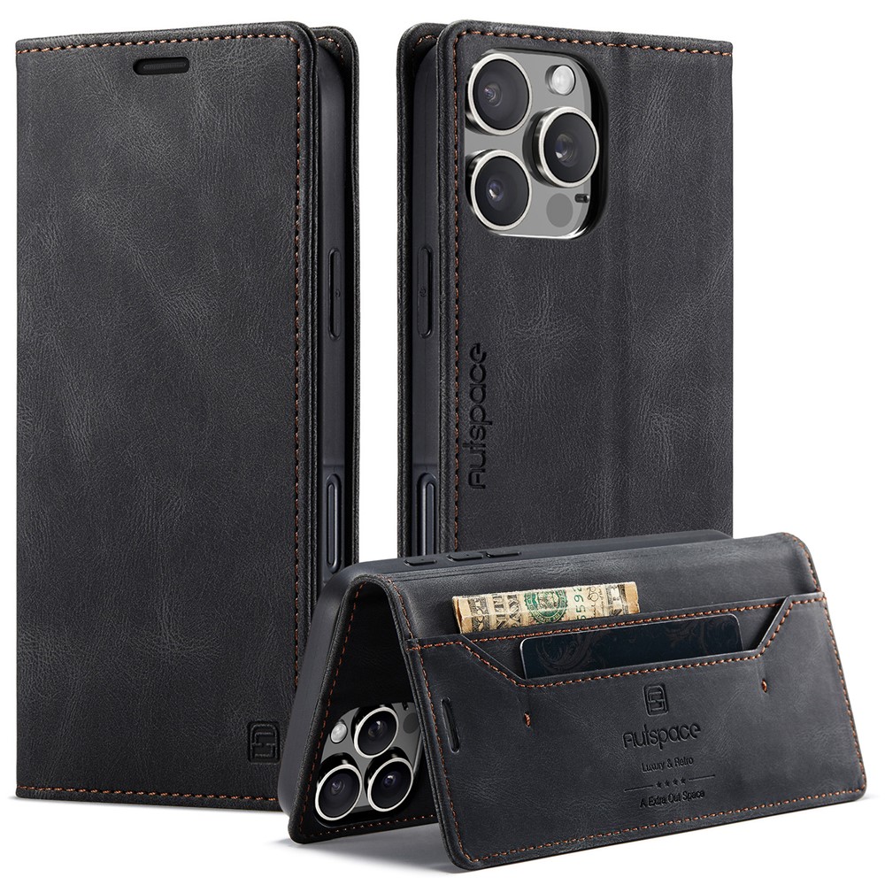 For iPhone 16 Pro Wallet Case AUTSPACE A01 Leather Stand Cover with RFID Blocking Card Holder - Black