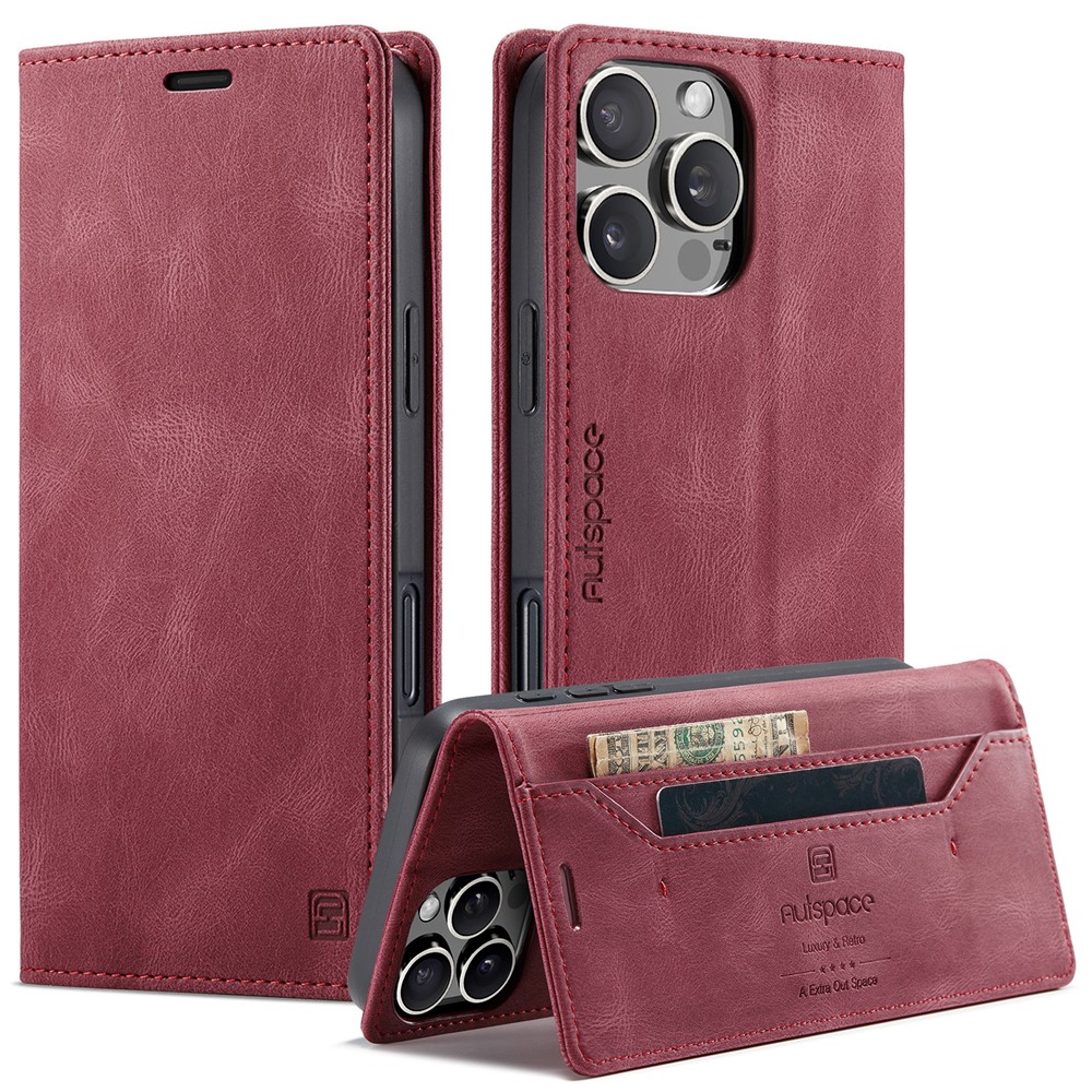 For iPhone 16 Pro Max Wallet Case AUTSPACE A01 Leather Stand Cover with RFID Blocking Card Holder - Red