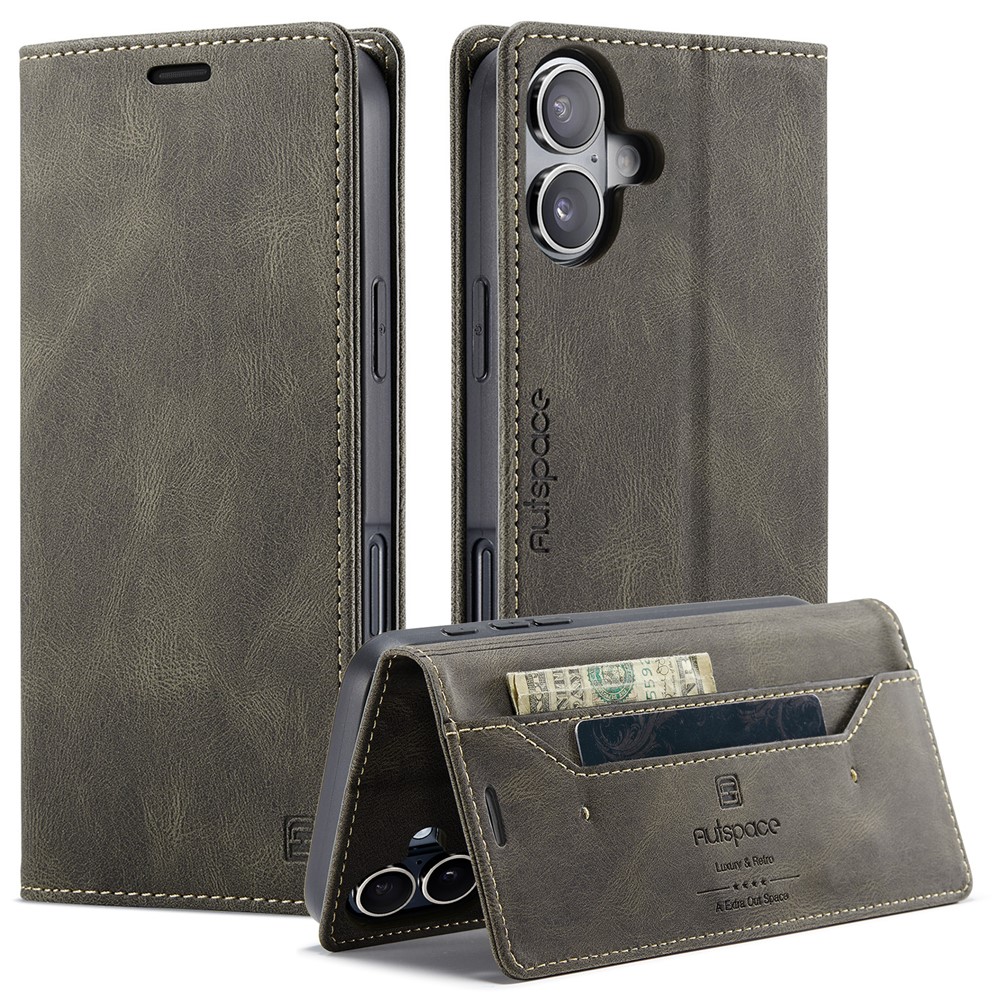 For iPhone 16 Wallet Case AUTSPACE A01 Leather Stand Cover with RFID Blocking Card Holder - Coffee