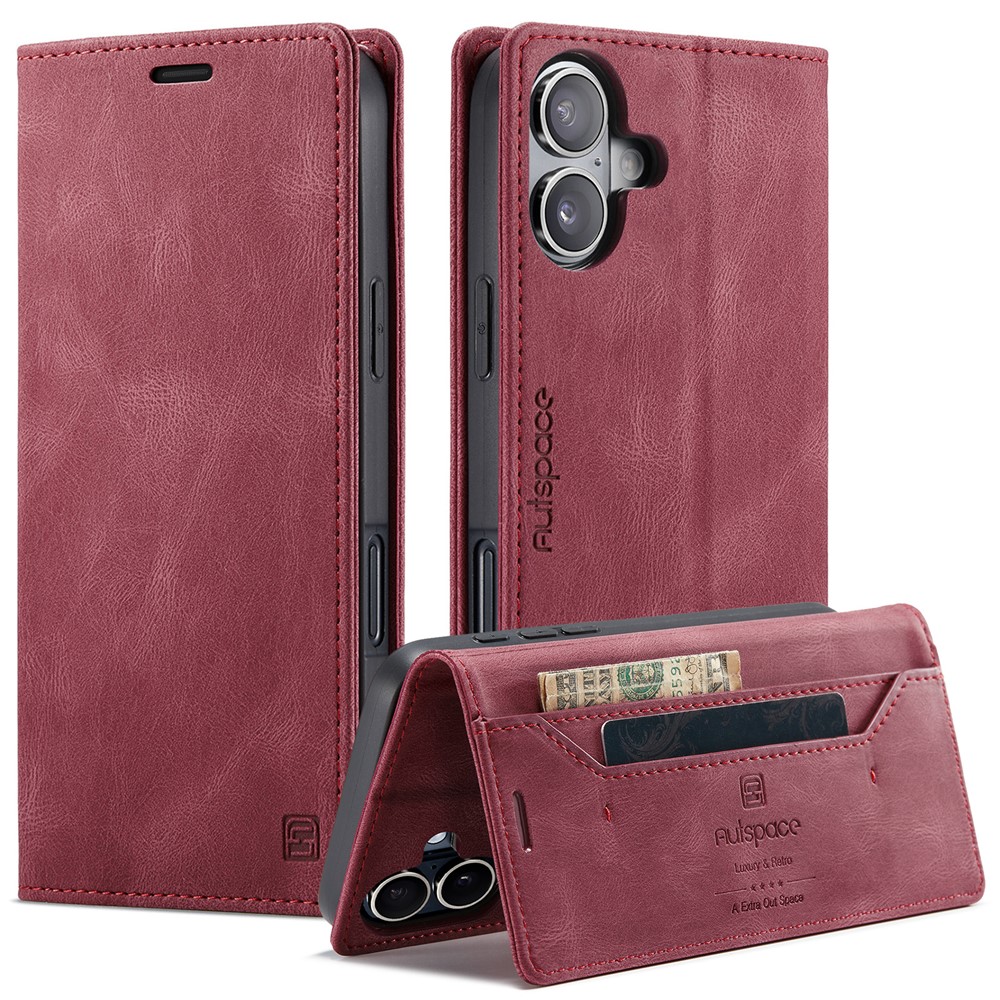 For iPhone 16 Wallet Case AUTSPACE A01 Leather Stand Cover with RFID Blocking Card Holder - Red