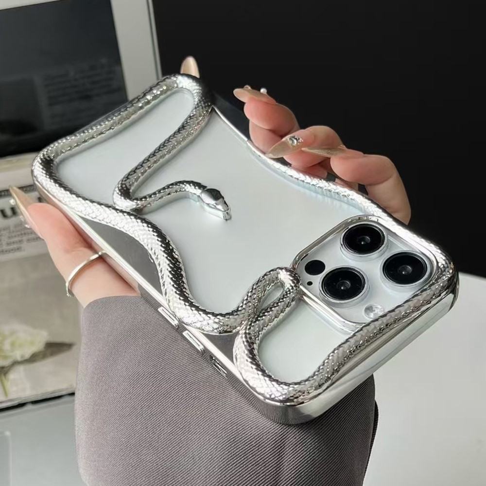 For iPhone 15 Pro Max Bumper Case 3D Snake Hollow TPU Phone Cover - Electroplated Silver