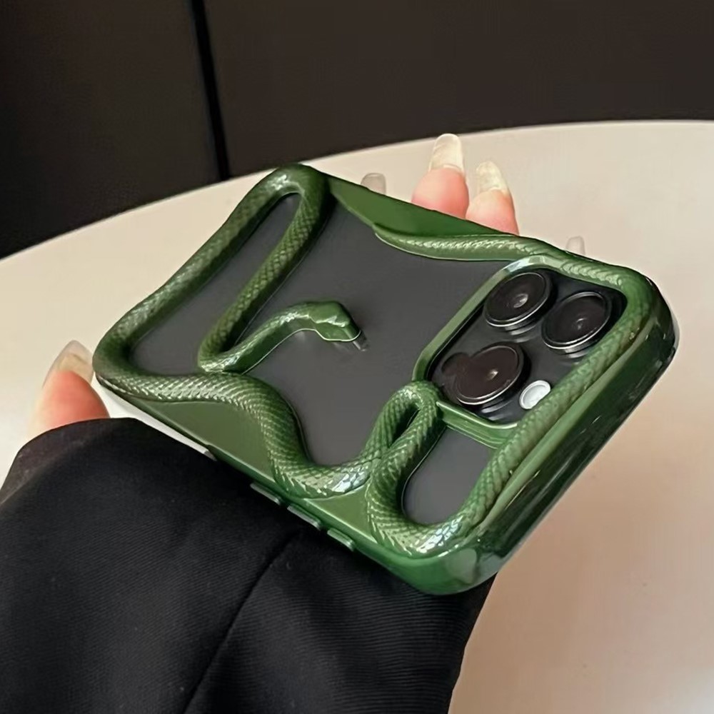 For iPhone 15 Pro Max Bumper Case 3D Snake Hollow TPU Phone Cover - Glossy Blackish Green