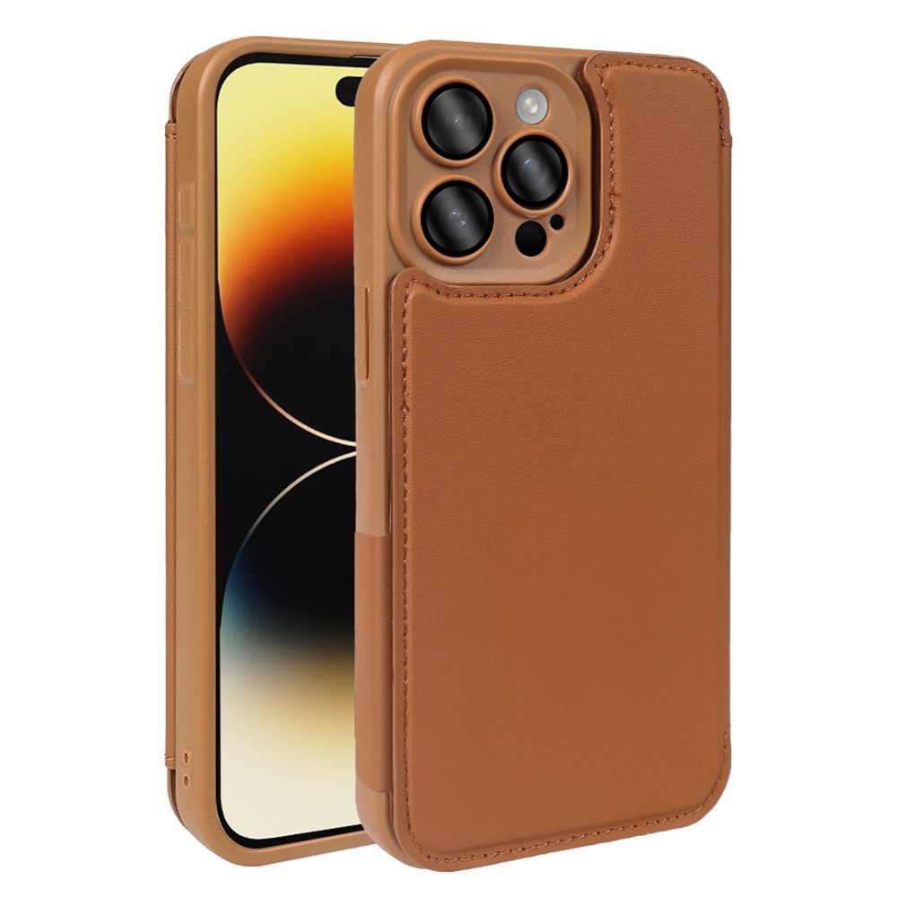 For iPhone 14 Pro Magnetic Case RCS Eco Friendly Flip Phone Cover with Kickstand RFID Blocking - Brown