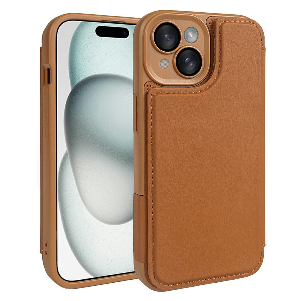 For iPhone 15 Magnetic Case RCS Eco Friendly Flip Phone Cover with Kickstand RFID Blocking - Brown