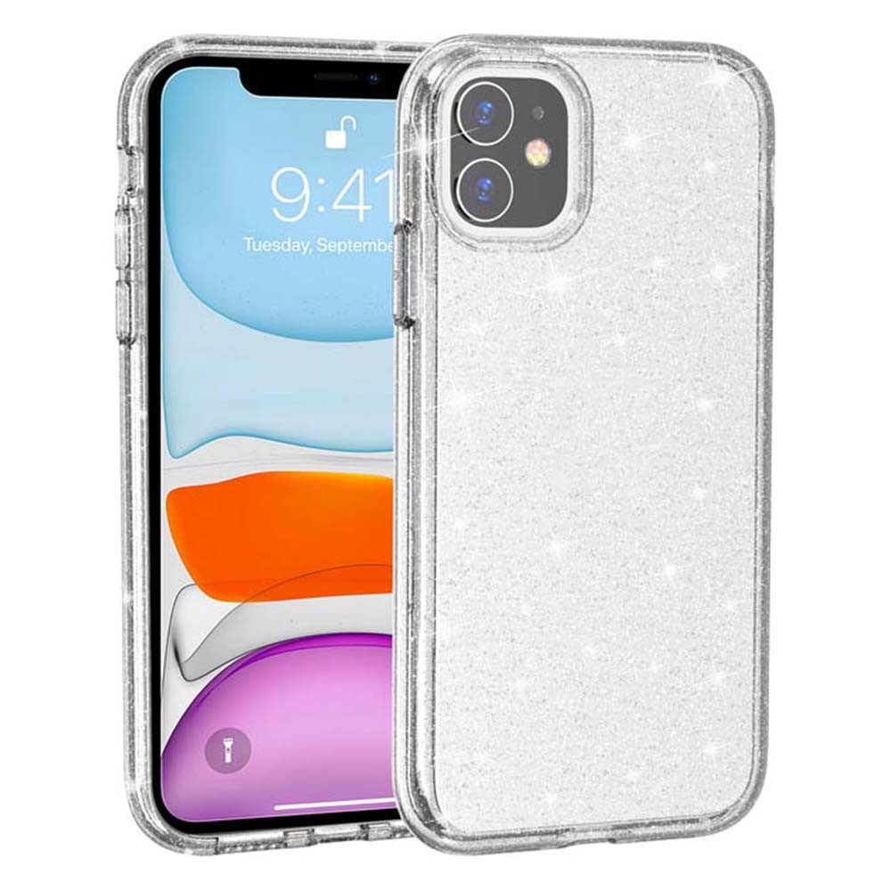 For iPhone 11 Case Anti-Scratch PC + TPU Sparkly Glitter Phone Cover - White