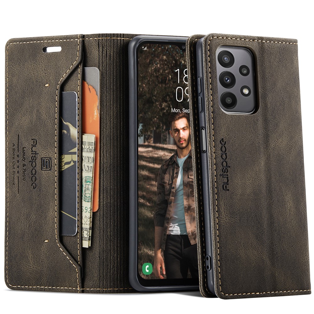 AUTSPACE For Samsung Galaxy M23 5G / Galaxy A23 5G (Global Version) Wallet Case A01 Leather Stand Cover with RFID Blocking Card Holder - Coffee