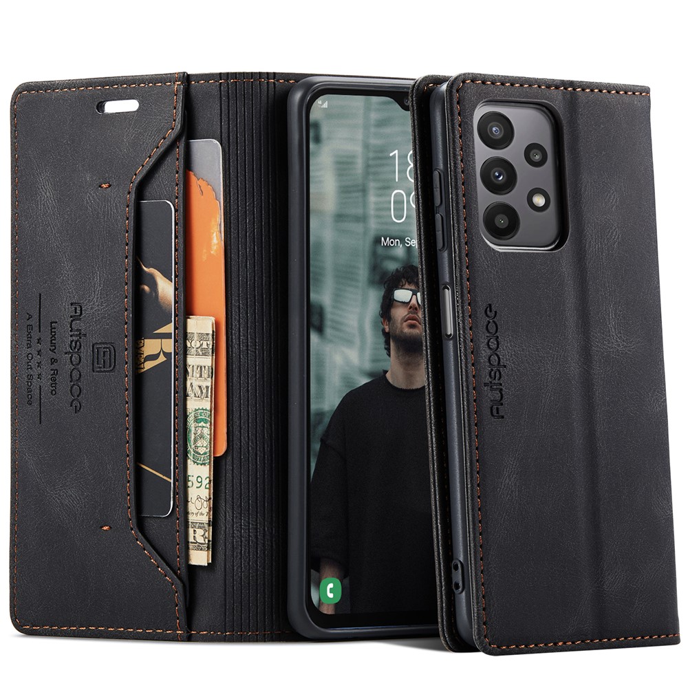 AUTSPACE For Samsung Galaxy M23 5G / Galaxy A23 5G (Global Version) Wallet Case A01 Leather Stand Cover with RFID Blocking Card Holder - Black
