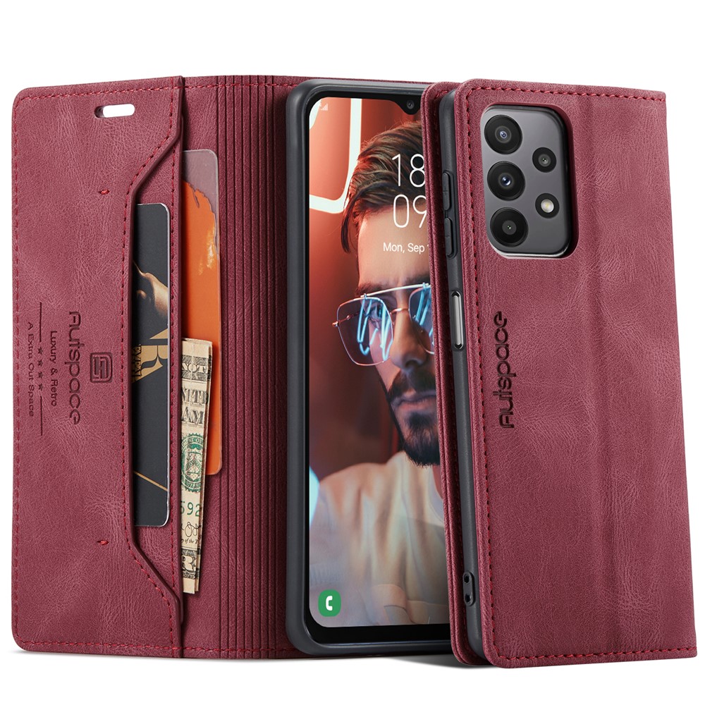 AUTSPACE For Samsung Galaxy M23 5G / Galaxy A23 5G (Global Version) Wallet Case  A01 Leather Stand Cover with RFID Blocking Card Holder - Red