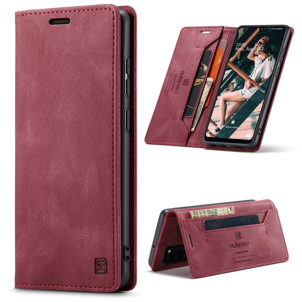 AUTSPACE For Samsung Galaxy A31 Wallet Case A01 Leather Stand Cover with RFID Blocking Card Holder - Red