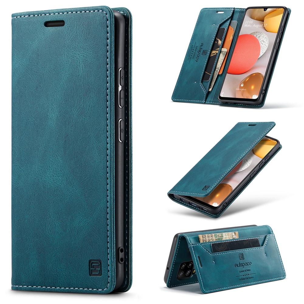 AUTSPACE For Samsung Galaxy M42 5G / Galaxy A42 5G Wallet Case A01 Leather Stand Cover with RFID Blocking Card Holder - Blue