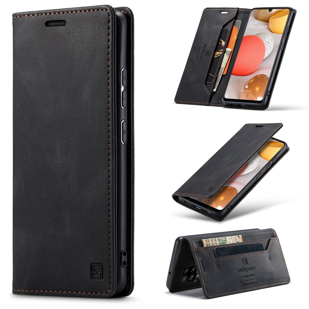 AUTSPACE For Samsung Galaxy M42 5G / Galaxy A42 5G Wallet Case  A01 Leather Stand Cover with RFID Blocking Card Holder - Black