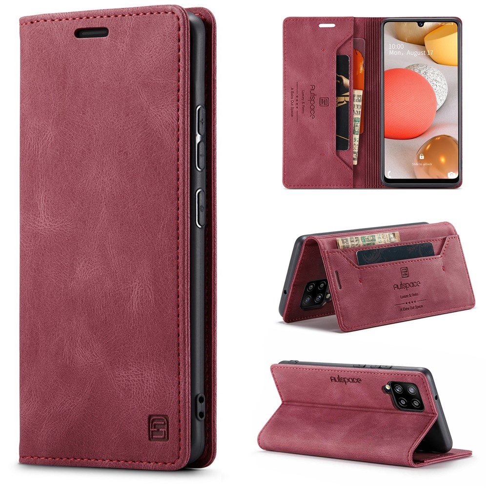 AUTSPACE For Samsung Galaxy M42 5G / Galaxy A42 5G Wallet Case A01 Leather Stand Cover with RFID Blocking Card Holder - Red