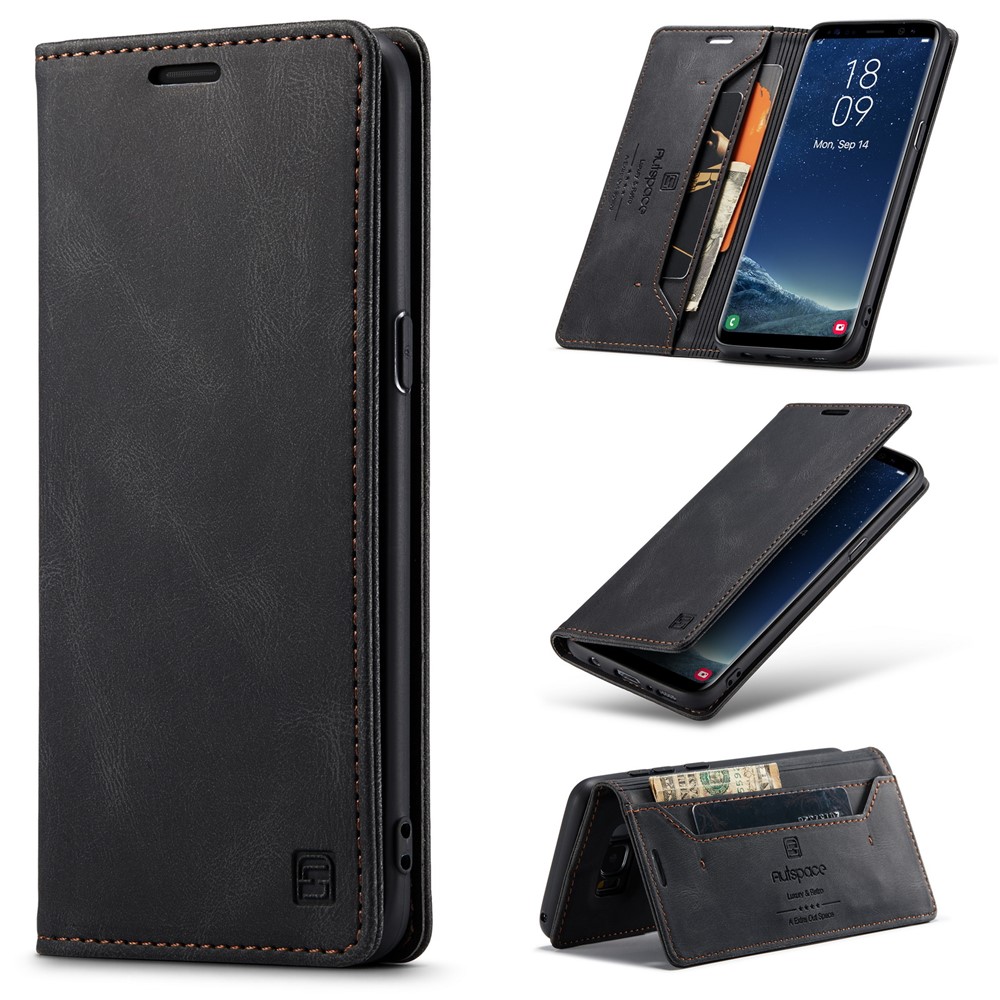 AUTSPACE For Samsung Galaxy S8 Wallet Case A01 Leather Stand Cover with RFID Blocking Card Holder - Black