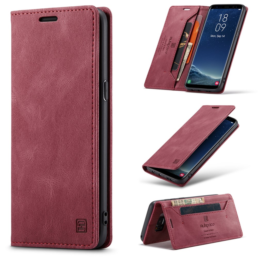 AUTSPACE For Samsung Galaxy S8 Wallet Case  A01 Leather Stand Cover with RFID Blocking Card Holder - Red