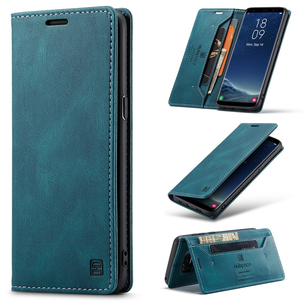 AUTSPACE For Samsung Galaxy S8 Wallet Case A01 Leather Stand Cover with RFID Blocking Card Holder - Blue