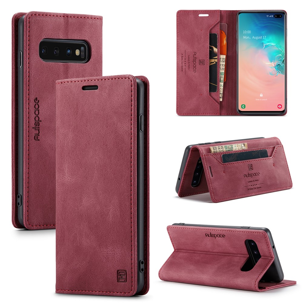 AUTSPACE For Samsung Galaxy S10 Plus Wallet Case A01 Leather Stand Cover with RFID Blocking Card Holder - Red