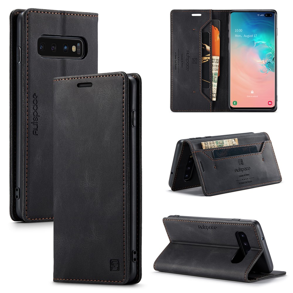 AUTSPACE For Samsung Galaxy S10 Plus Wallet Case A01 Leather Stand Cover with RFID Blocking Card Holder - Black