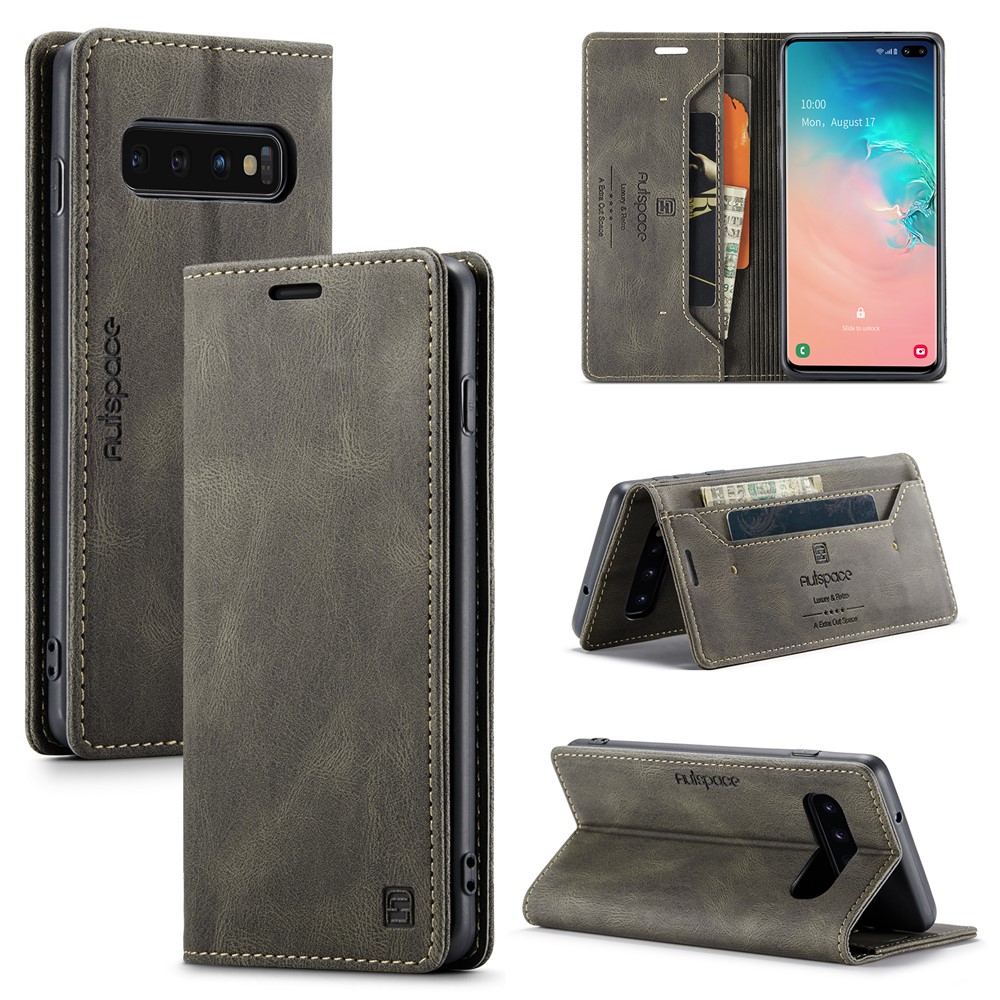 AUTSPACE For Samsung Galaxy S10 Plus Wallet Case  A01 Leather Stand Cover with RFID Blocking Card Holder - Coffee