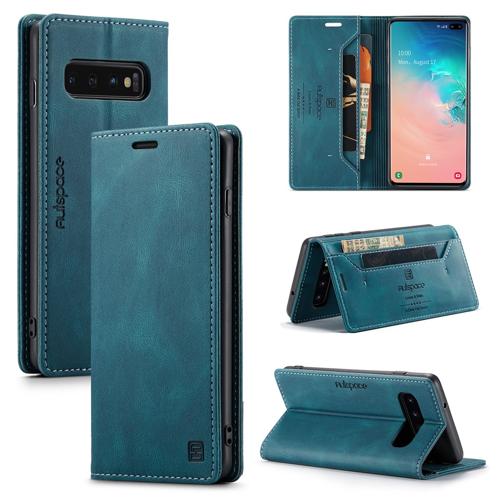 AUTSPACE For Samsung Galaxy S10 Plus Wallet Case A01 Leather Stand Cover with RFID Blocking Card Holder - Blue