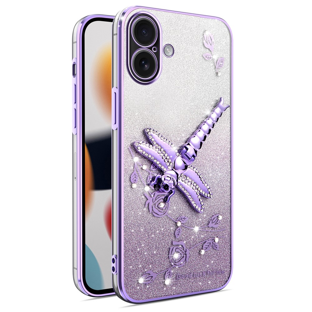 KADEM For iPhone 16 Plus Case Dragonfly Kickstand TPU Flowers Glitter Phone Cover - Purple