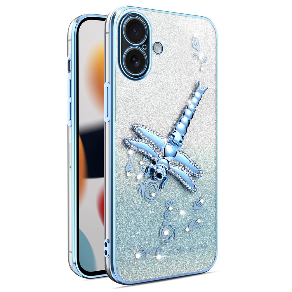 KADEM For iPhone 16 Plus Case Dragonfly Kickstand TPU Flowers Glitter Phone Cover - Blue