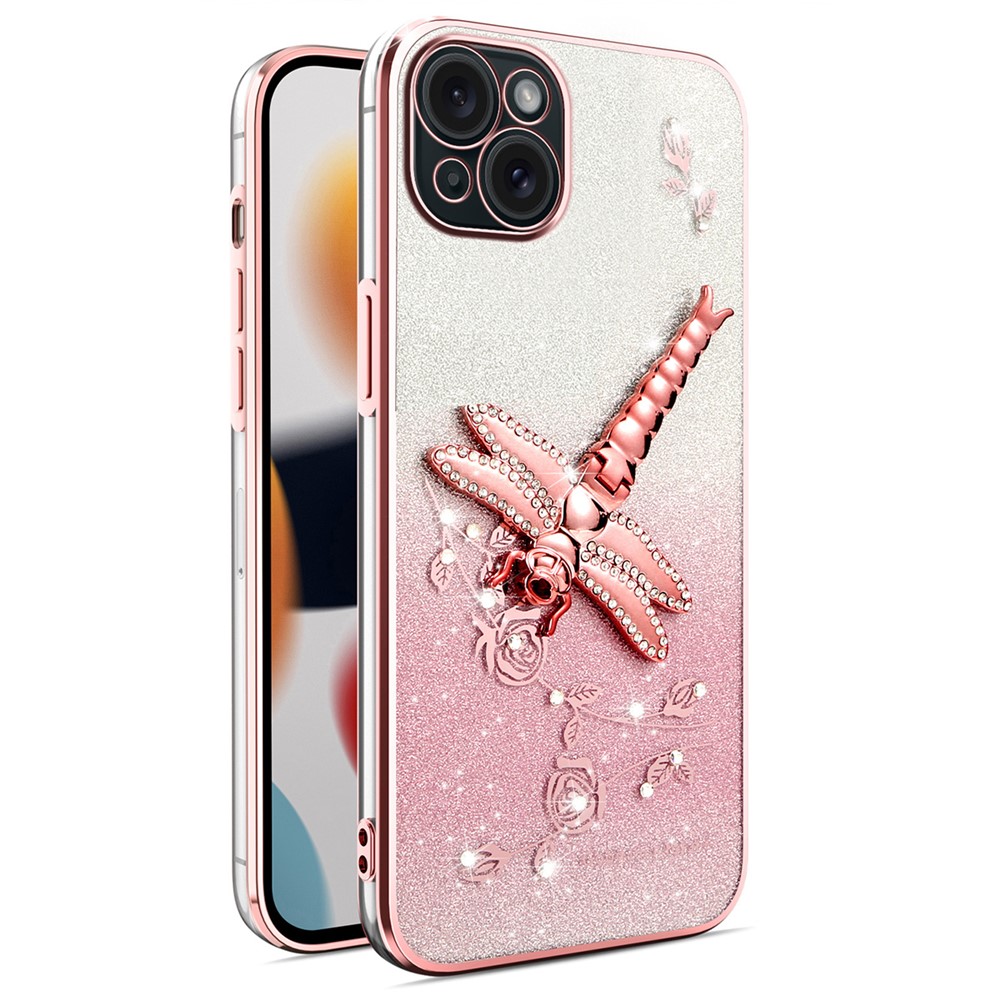 KADEM For iPhone 15 Case Dragonfly Kickstand TPU Flowers Glitter Phone Cover - Pink
