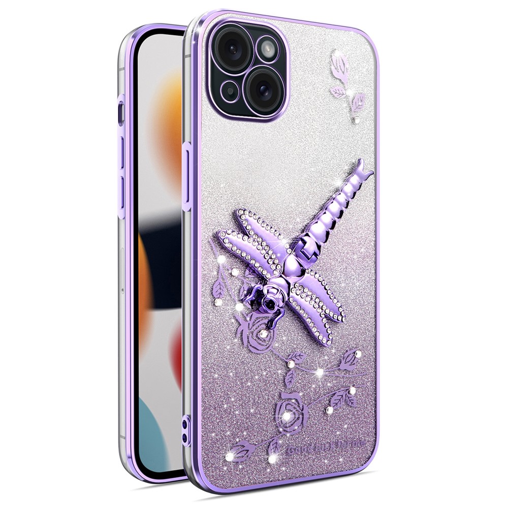 KADEM For iPhone 14 Case Dragonfly Kickstand TPU Flowers Glitter Phone Cover - Purple