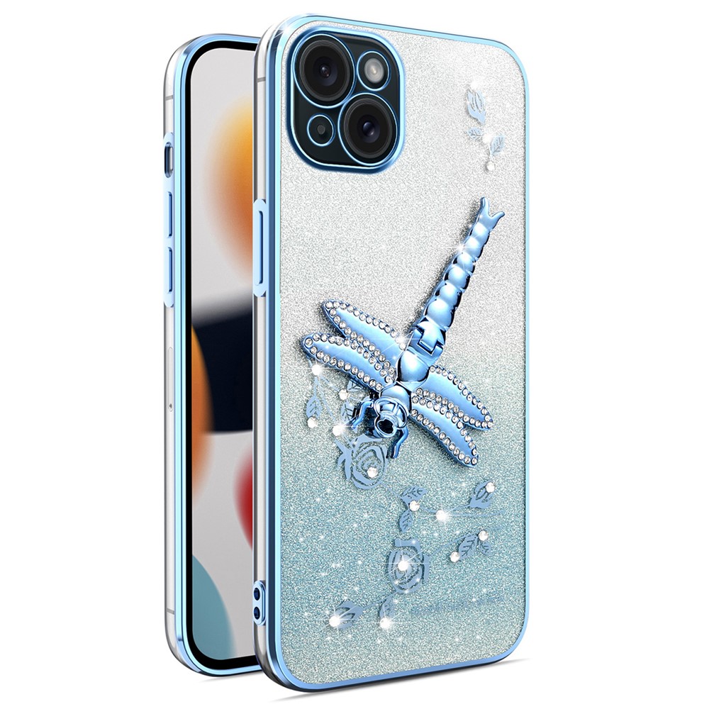 KADEM For iPhone 14 Case Dragonfly Kickstand TPU Flowers Glitter Phone Cover - Blue