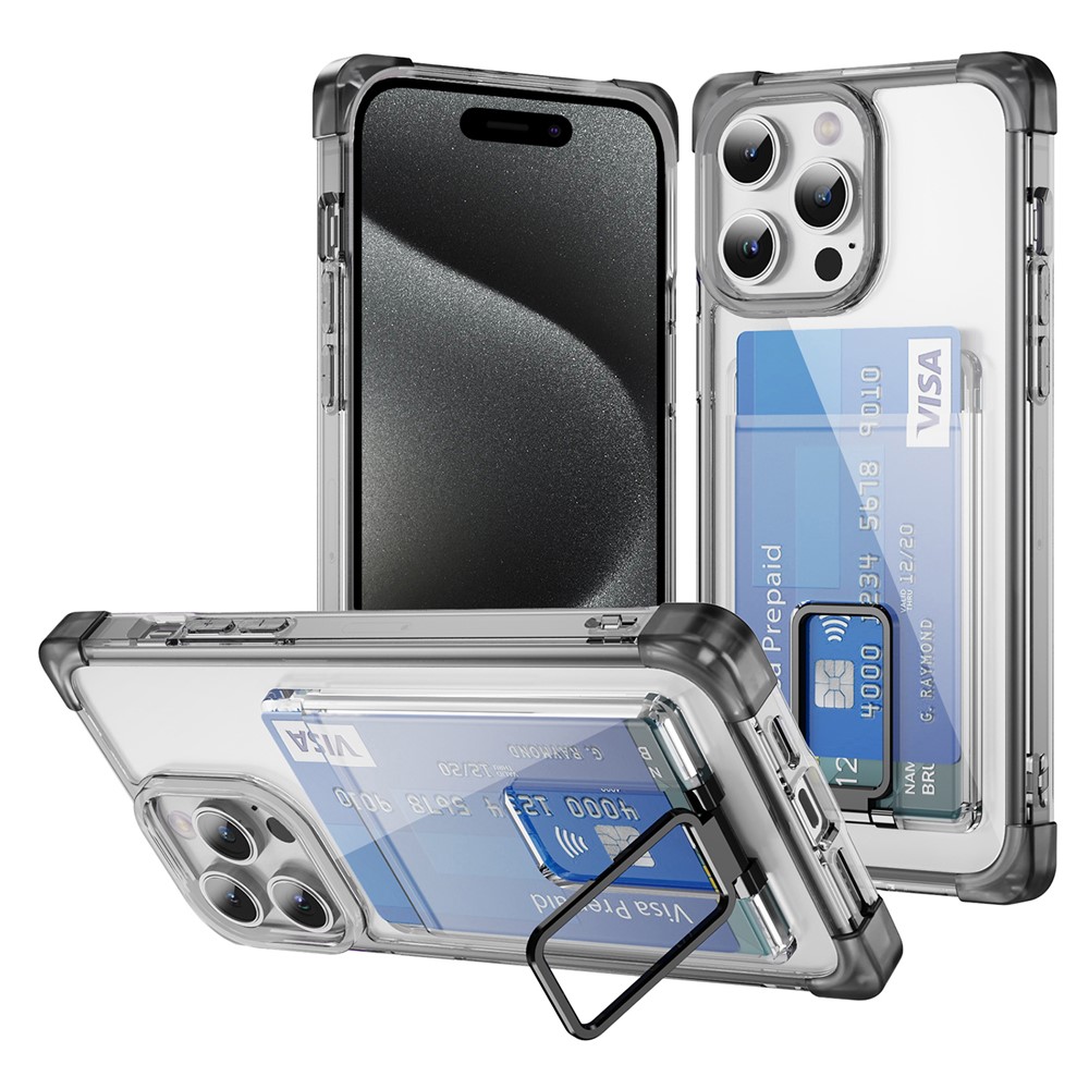 For iPhone 15 Pro Max Case Reinforced Corners TPU + Acrylic Phone Cover with Kickstand Card Holder - Transparent Black