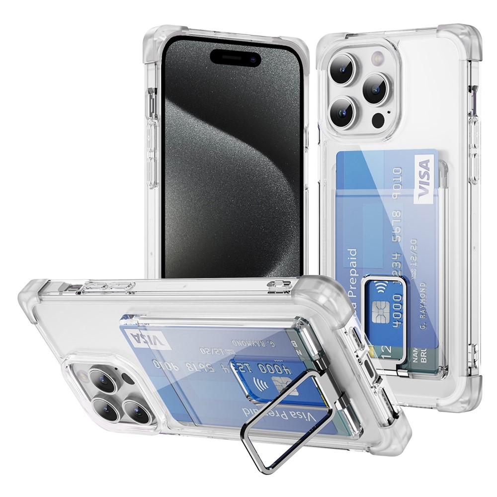 For iPhone 15 Pro Max Case Reinforced Corners TPU + Acrylic Phone Cover with Kickstand Card Holder - Transparent