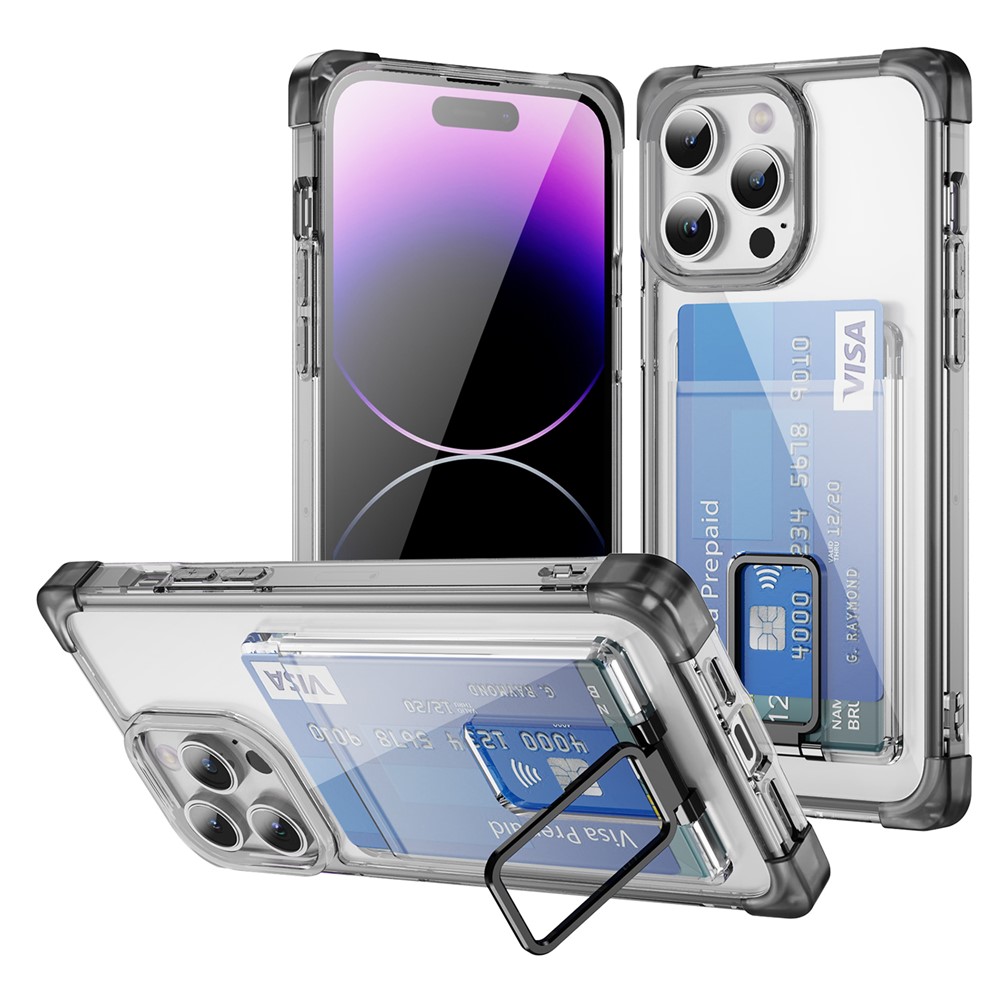 For iPhone 14 Pro Max Case Reinforced Corners TPU + Acrylic Phone Cover with Kickstand Card Holder - Transparent Black