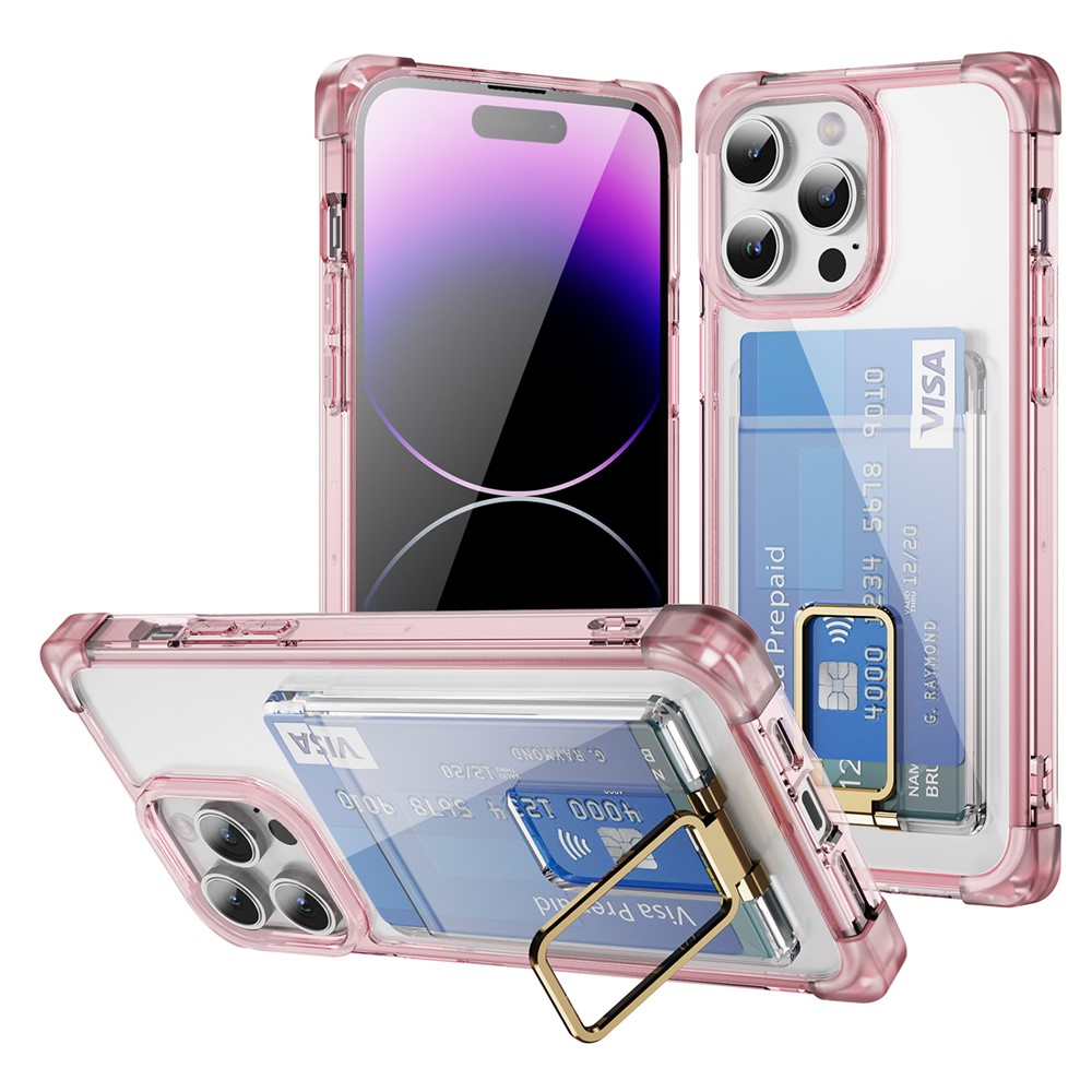 For iPhone 14 Pro Case Reinforced Corners TPU + Acrylic Phone Cover with Kickstand Card Holder - Transparent Pink