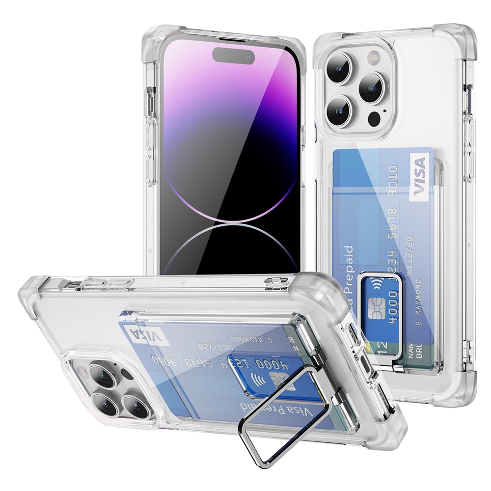 For iPhone 14 Pro Case Reinforced Corners TPU + Acrylic Phone Cover with Kickstand Card Holder - Transparent