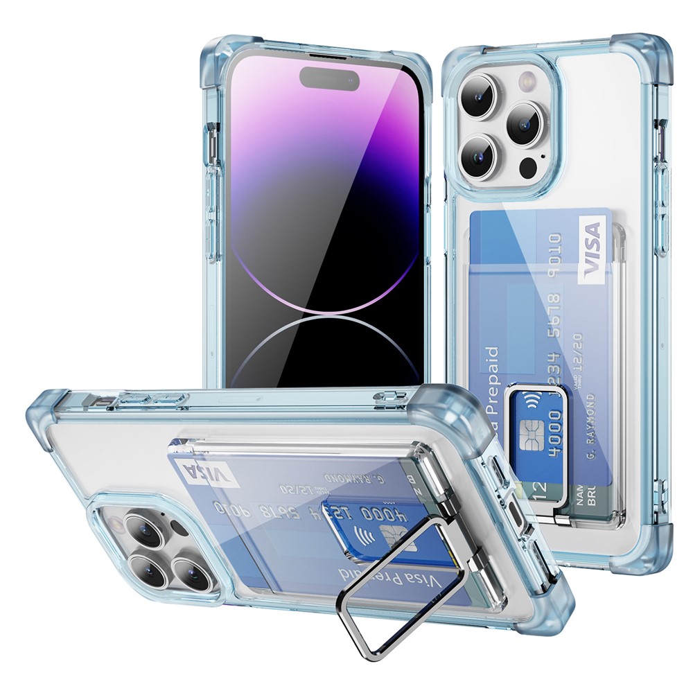 For iPhone 14 Pro Case Reinforced Corners TPU + Acrylic Phone Cover with Kickstand Card Holder - Transparent Blue