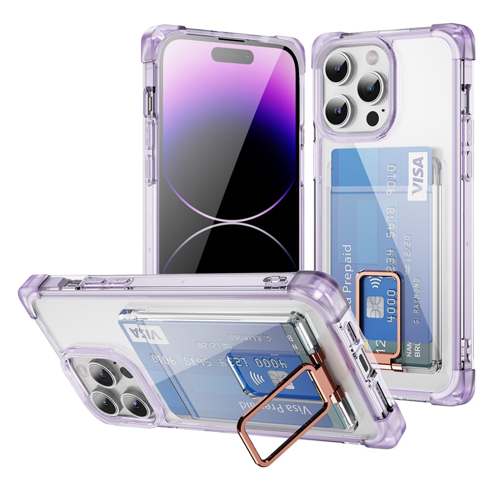 For iPhone 14 Pro Case Reinforced Corners TPU + Acrylic Phone Cover with Kickstand Card Holder - Transparent Purple