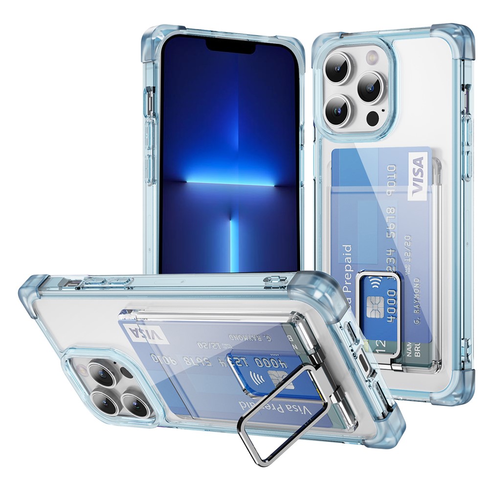 For iPhone 13 Pro Max Case Reinforced Corners TPU + Acrylic Phone Cover with Kickstand Card Holder - Transparent Blue