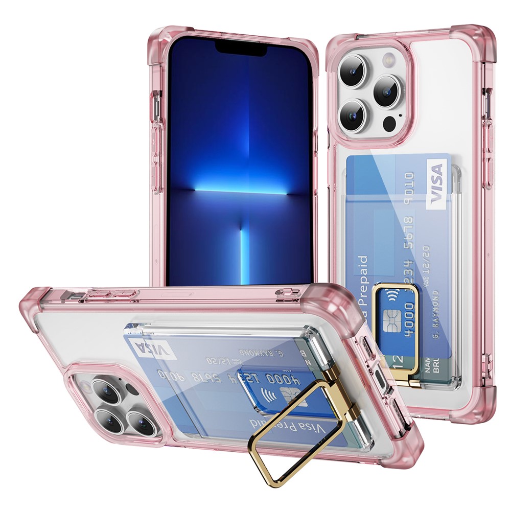 For iPhone 13 Pro Max Case Reinforced Corners TPU + Acrylic Phone Cover with Kickstand Card Holder - Transparent Pink