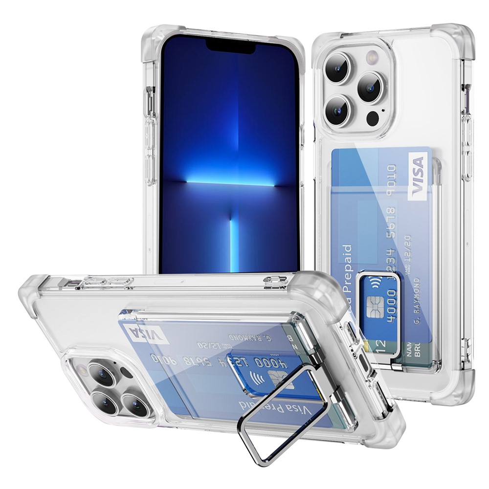 For iPhone 13 Pro Max Case Reinforced Corners TPU + Acrylic Phone Cover with Kickstand Card Holder - Transparent