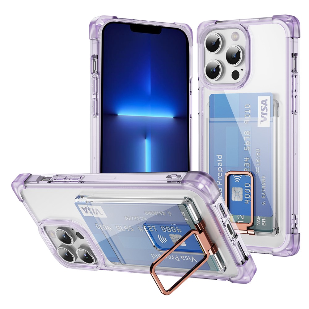 For iPhone 13 Pro Max Case Reinforced Corners TPU + Acrylic Phone Cover with Kickstand Card Holder - Transparent Purple
